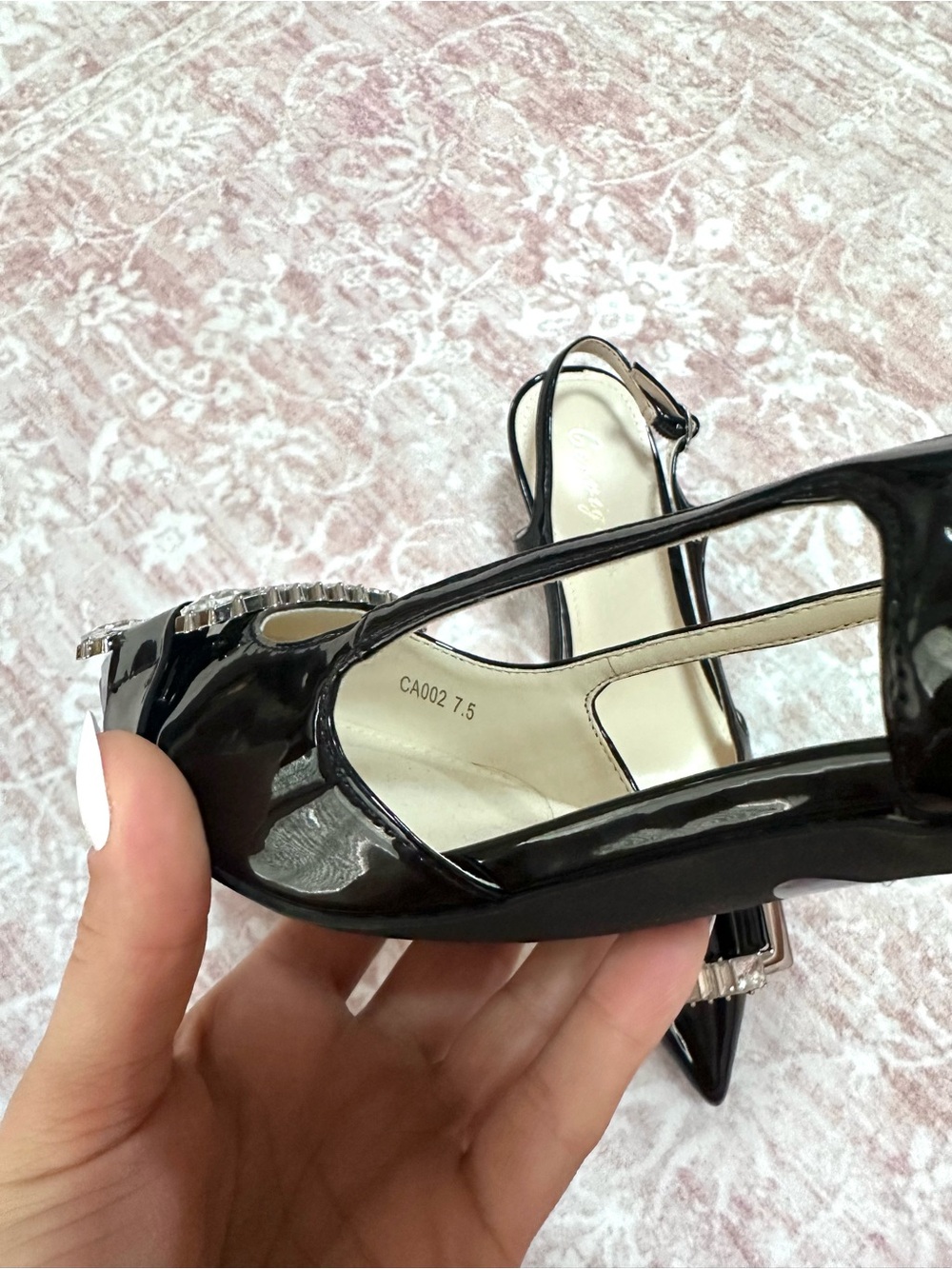 NEW 🖤 Crystal Buckle Patent Leather Slingback Pointed Heels - Picture 5 of 9